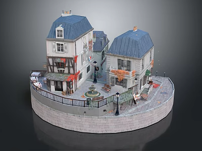 Cartoon Town Scene With Blue Roof Buildings Storefronts Fountain Benches And Autumn Trees 3d model