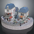 Cartoon Town Scene With Blue Roof Buildings Storefronts Fountain Benches And Autumn Trees
