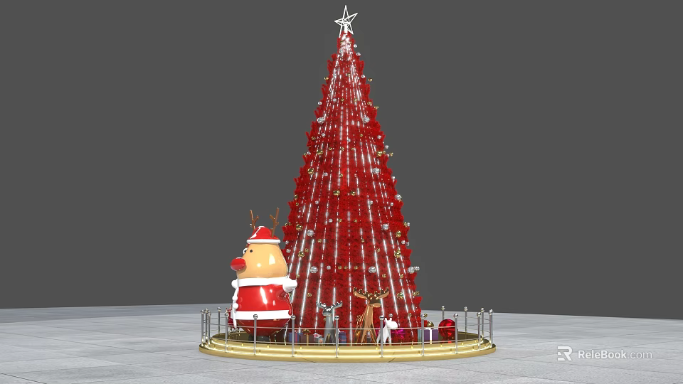 Red Christmas Tree With Star Santa Claus Figure Reindeer Gifts And Golden Railing 3d model 