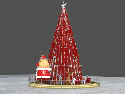 Red Christmas Tree With Star Santa Claus Figure Reindeer Gifts And Golden Railing 3d model