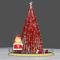 Red Christmas Tree With Star Santa Claus Figure Reindeer Gifts And Golden Railing
