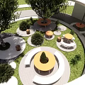 Scenic Park Landscape With Wooden Decks Trees Grass Stone Pathways And Flower Beds