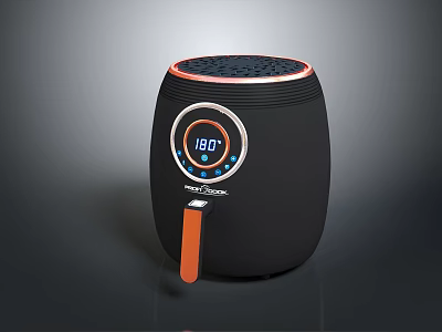 Modern Black Kitchen Air Fryer With 180 Degree Digital Display And Orange Handle 3d model