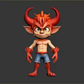 Red Skinned Horned Man With Orange Hair And Blue Shorts Standing On Gray Background
