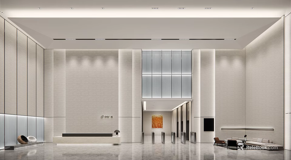 Modern Reception Desk Interior Design With Marble Counter Lighting Fixtures And Sofa Seating 3d model 