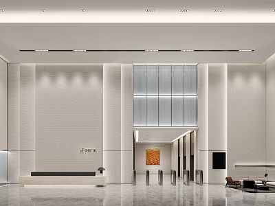 Modern Reception Desk Interior Design With Marble Counter Lighting Fixtures And Sofa Seating 3d model