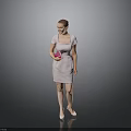 A Woman in Pink Checkered Dress Holding Pink Notebook Standing on Grey Background