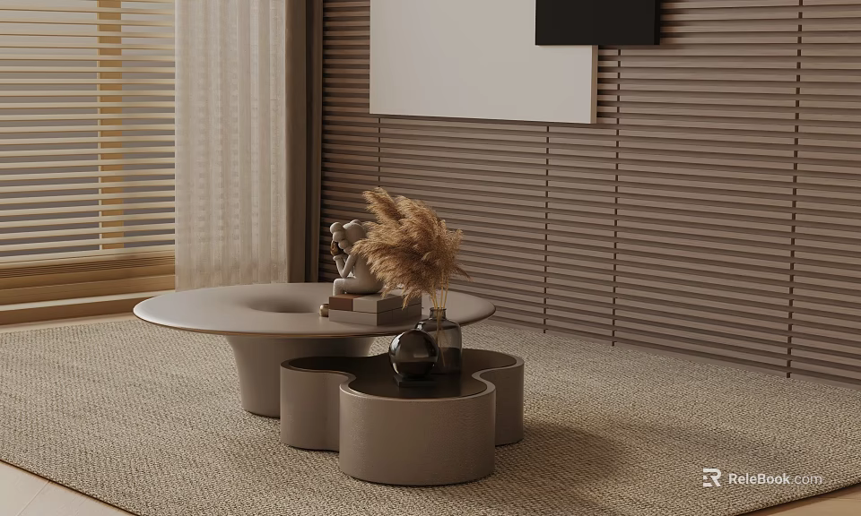 Modern Living Room Sofa Coffee Table Set With Nested Round Tables And Pampas Grass Decor 3d model 