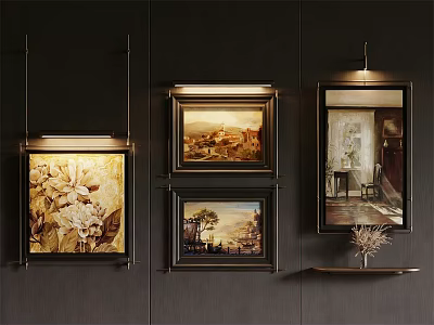 Dark Interior Wall Decor With Framed Artworks And Hanging Paintings 3d model