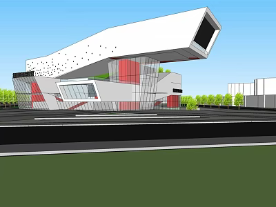 Modern Architectural Building With Unique Geometric Shape White Exterior And Red Accents 3d model