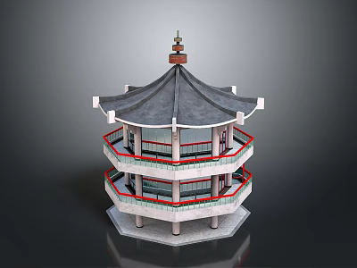 Traditional Chinese Pavilion Architecture With Multi Layered Structure Red Railings And Gray Roof 3d model
