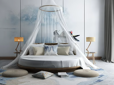 Elegant Round Bed With White Canopy Light Blue Wall Table Lamps And Round Cushions 3d model