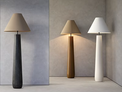 Modern Minimalist Floor Lamps in Black Brown and White with Cylindrical Bases and Conical Shades 3d model