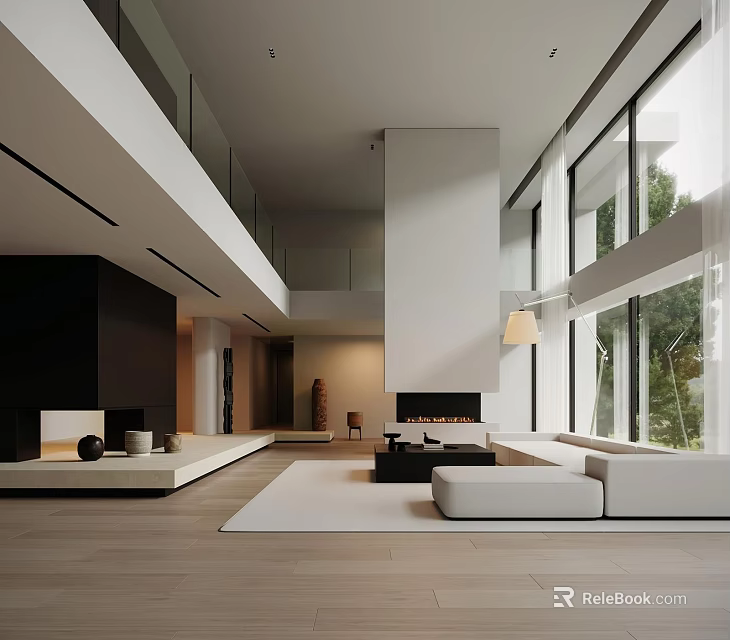 Modern Living Room Interior Design With Large Windows Fireplace And Sofa 3d model