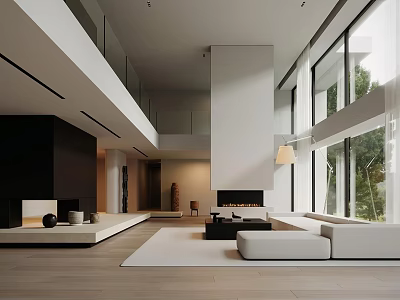 Modern Living Room Interior Design With Large Windows Fireplace And Sofa 3d model