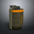 Green And Orange Hand Grenade With Cylindrical Body Pull Ring And Text Markings