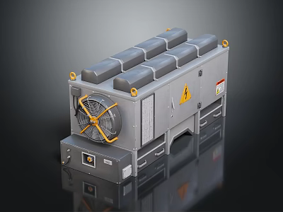 Industrial Equipment Unit With Gray Body Top Square Modules Yellow Fan And Warning Labels 3d model