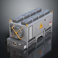 Industrial Equipment Unit With Gray Body Top Square Modules Yellow Fan And Warning Labels