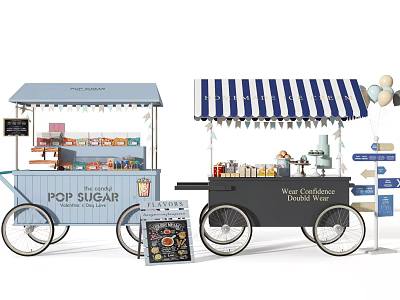 Functional Food Carts With Blue White Striped Awnings POP SUGAR And The Coffee Shop Signs 3d model