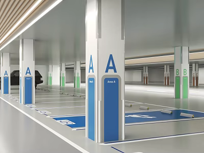 Modern Spacious Parking Garage With A-Marked Columns Blue Floor Markings And White Lines 3d model