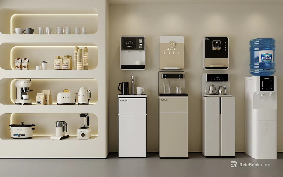 Modern Household Electrical Appliances Display With Water Dispensers Refrigerators Coffee Makers Toasters And White Shelves 3d model 