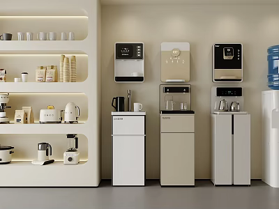 Modern Household Electrical Appliances Display With Water Dispensers Refrigerators Coffee Makers Toasters And White Shelves 3d model