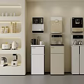Modern Household Electrical Appliances Display With Water Dispensers Refrigerators Coffee Makers Toasters And White Shelves
