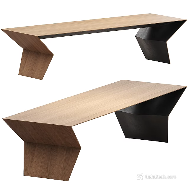 Stylish Modern Wooden Long Tables With Unique Geometric Black Metal Legs Design 3d model 