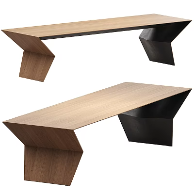 Stylish Modern Wooden Long Tables With Unique Geometric Black Metal Legs Design 3d model