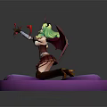 Fantasy Character With Green Hair Red Wings And Horns Wielding Red Axe On Purple Platform