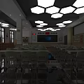Spacious School Classroom Interior With Hexagonal Pendant Lights Green Chairs Large Screen And Bookshelves