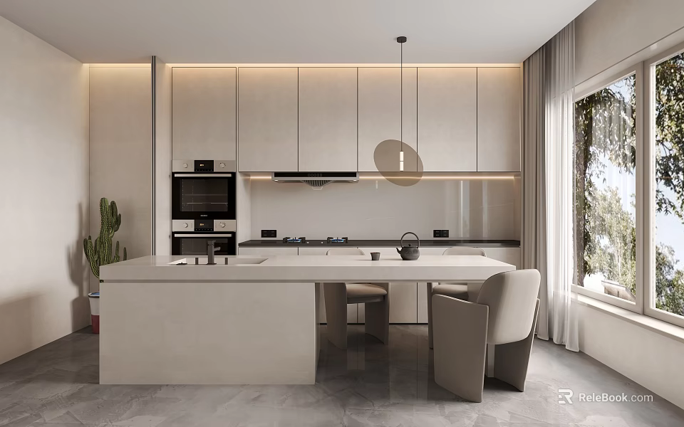 Modern Kitchen Interior Design With Island Cabinets Built in Oven Hanging Light And Natural Light 3d model 