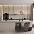 Modern Kitchen Interior Design With Island Cabinets Built in Oven Hanging Light And Natural Light