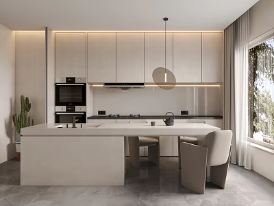 Modern Kitchen Interior Design With Island Cabinets Built in Oven Hanging Light And Natural Light 3d model