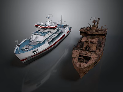Modern White Red Striped Ship And Rusty Old Weathered Vessel Side By Side 3d model