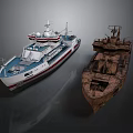 Modern White Red Striped Ship And Rusty Old Weathered Vessel Side By Side 3d model