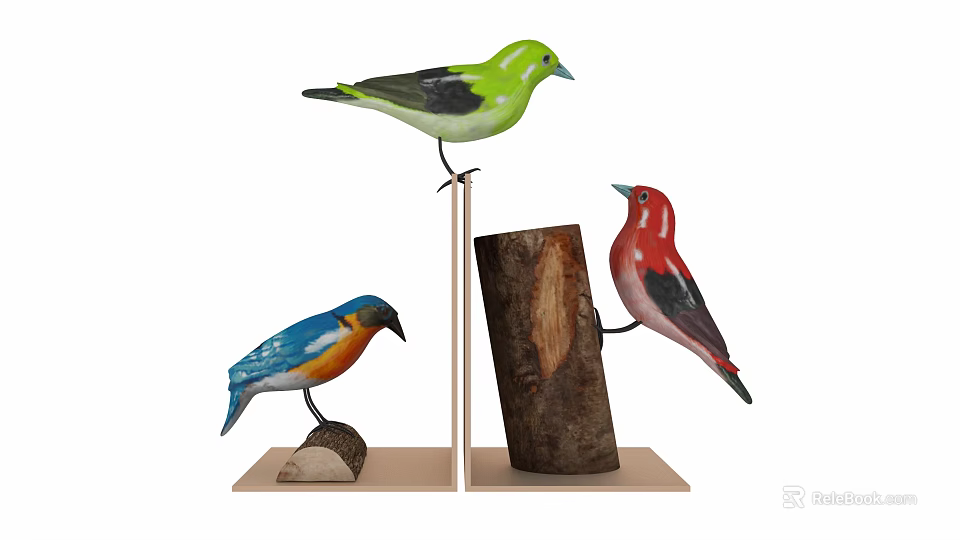 Colorful Bird Figurines In Green Blue Orange And Red On Wooden Log Stands 3d model 