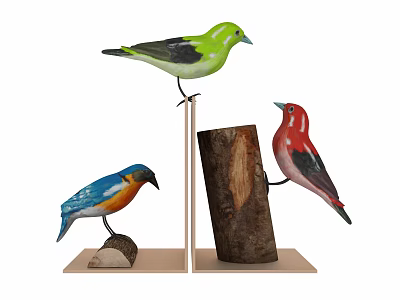 Colorful Bird Figurines In Green Blue Orange And Red On Wooden Log Stands 3d model