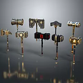 Different Styles Of Ornate Metallic Hammer Designs With Detailed Decorative Handles And Intricate Details