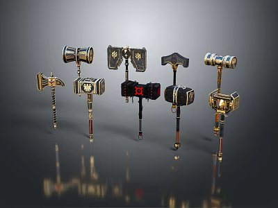 Different Styles Of Ornate Metallic Hammer Designs With Detailed Decorative Handles And Intricate Details 3d model