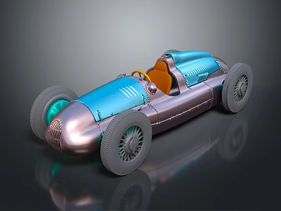 Vintage Blue And Copper Race Car With Open Cockpit Yellow Steering Wheel And Large Wheels 3d model