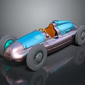 Vintage Blue And Copper Race Car With Open Cockpit Yellow Steering Wheel And Large Wheels