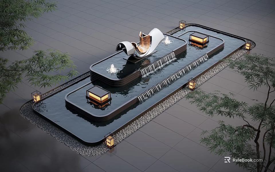 Modern Water Fountain With Tiered Pool Flowing Water Decorative Lights And Stone Paving 3d model 