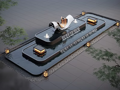 Modern Water Fountain With Tiered Pool Flowing Water Decorative Lights And Stone Paving 3d model