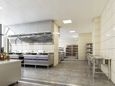 Commercial Kitchen Interior With Stainless Steel Range Hood Worktables Shelves And Tiled Walls 3d model