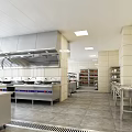 Commercial Kitchen Interior With Stainless Steel Range Hood Worktables Shelves And Tiled Walls