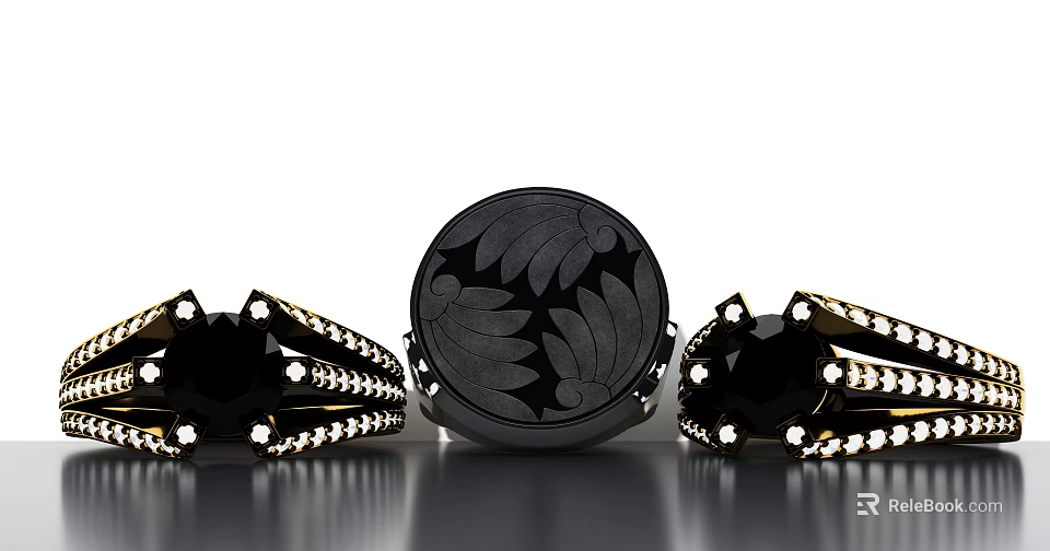 Black Jewelry Rings Featuring Round Floral Pattern Piece With Black Gemstones And Small White Diamonds 3d model 