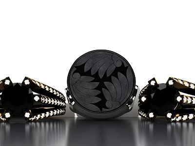 Black Jewelry Rings Featuring Round Floral Pattern Piece With Black Gemstones And Small White Diamonds 3d model