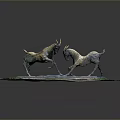 Two Antelope Sculptures In Fighting Stance With Grass Covered Base On Reflective Surface