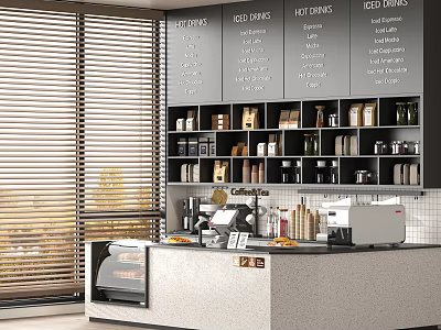 Modern Café Interior With Menu Boards Coffee Appliances Counter And Wooden Blinds Cabinets With Jars 3d model